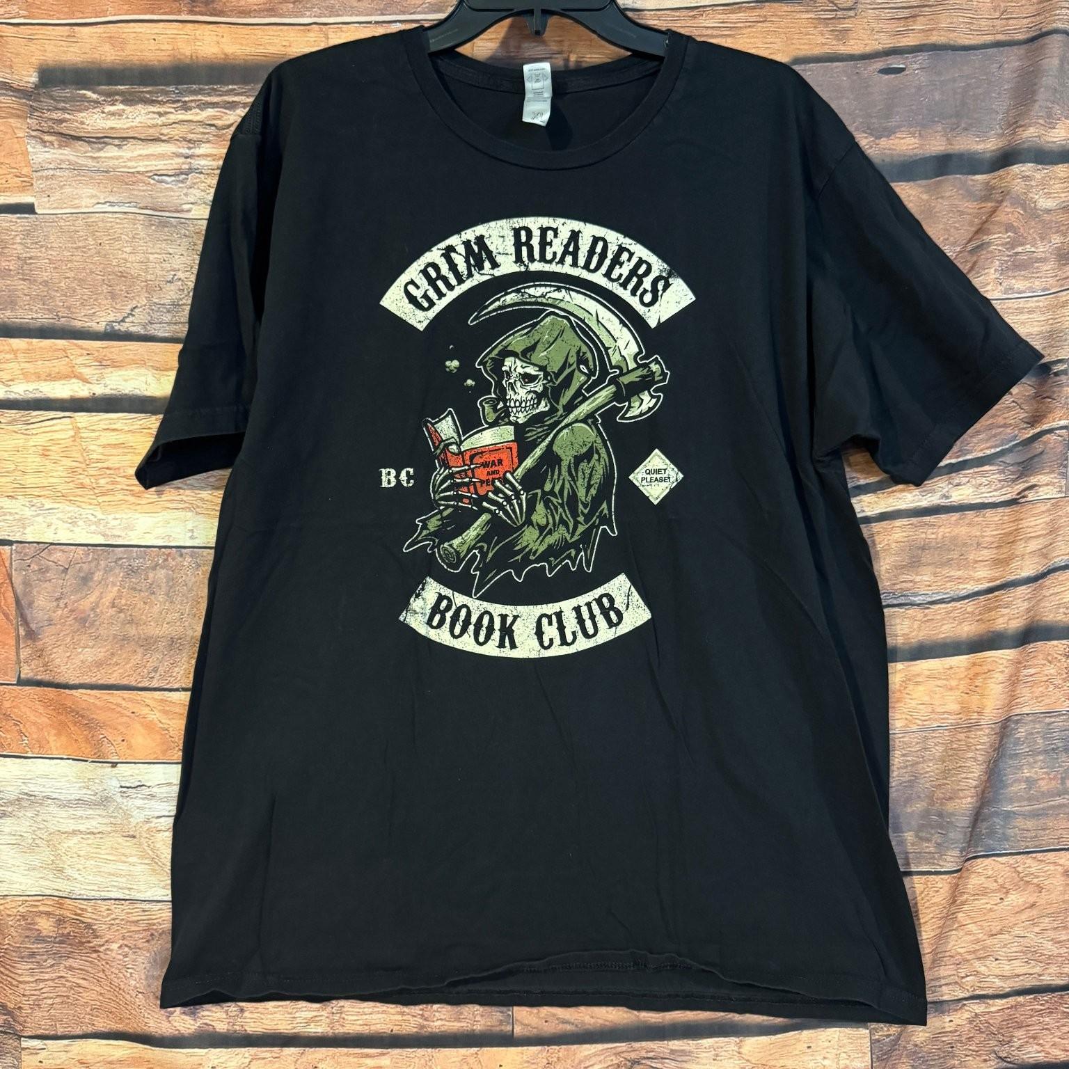 Grim Readers Book Club Mens XL Black Grim Reaper Reading Shirt.Woot Unisex T-Shirt S