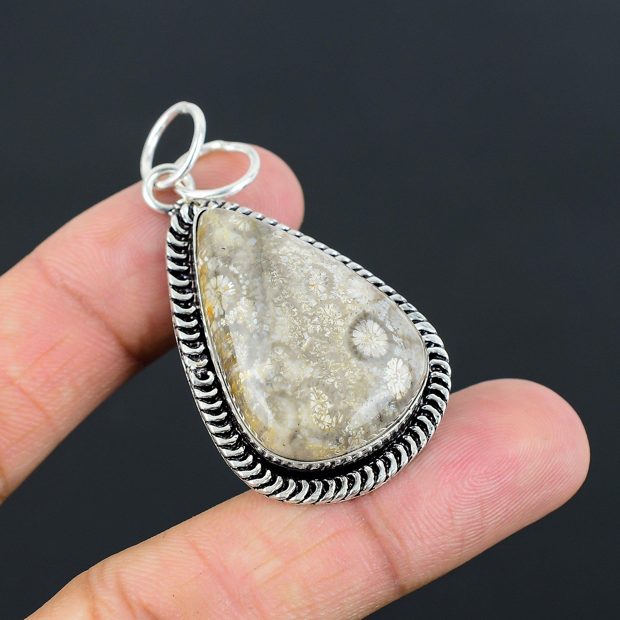 Daughters Day Sale 925 Silver Pear Fossil Coral Stone Anniversary Bezel Pendant