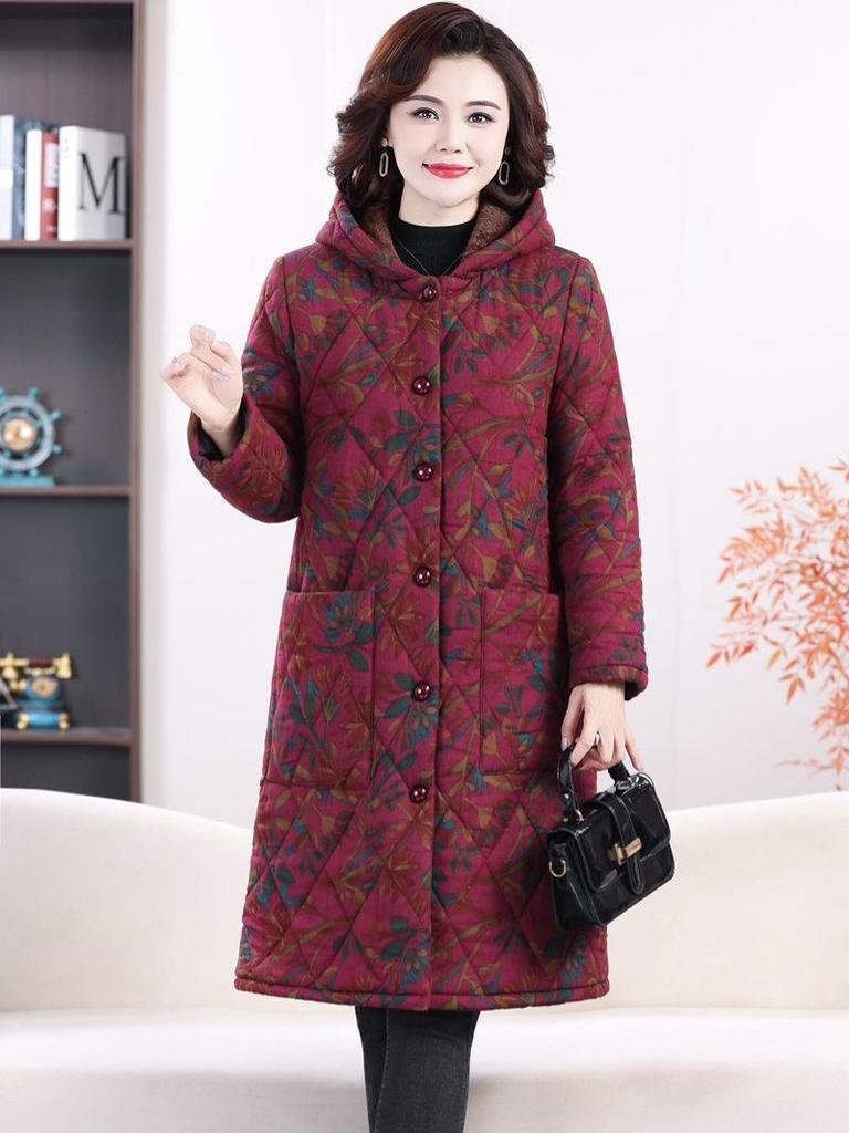 Stylish and Warm Mid-Length Floral Cotton Jacket for Middle-Aged Women, Plus Velvet, Thickened for Winter