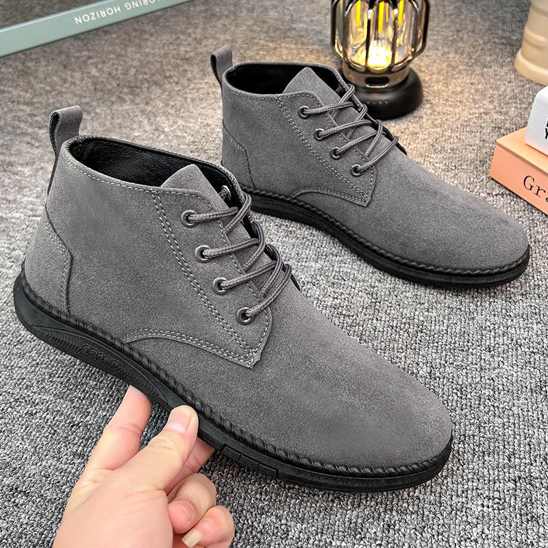 Hohe lässige graue Wildlederschuhe Herren Schnürschuhe Schwarze flache Sohle Kurze Stiefel Herren Chelsea Boots Hochwertige Marken Denim-Stiefel