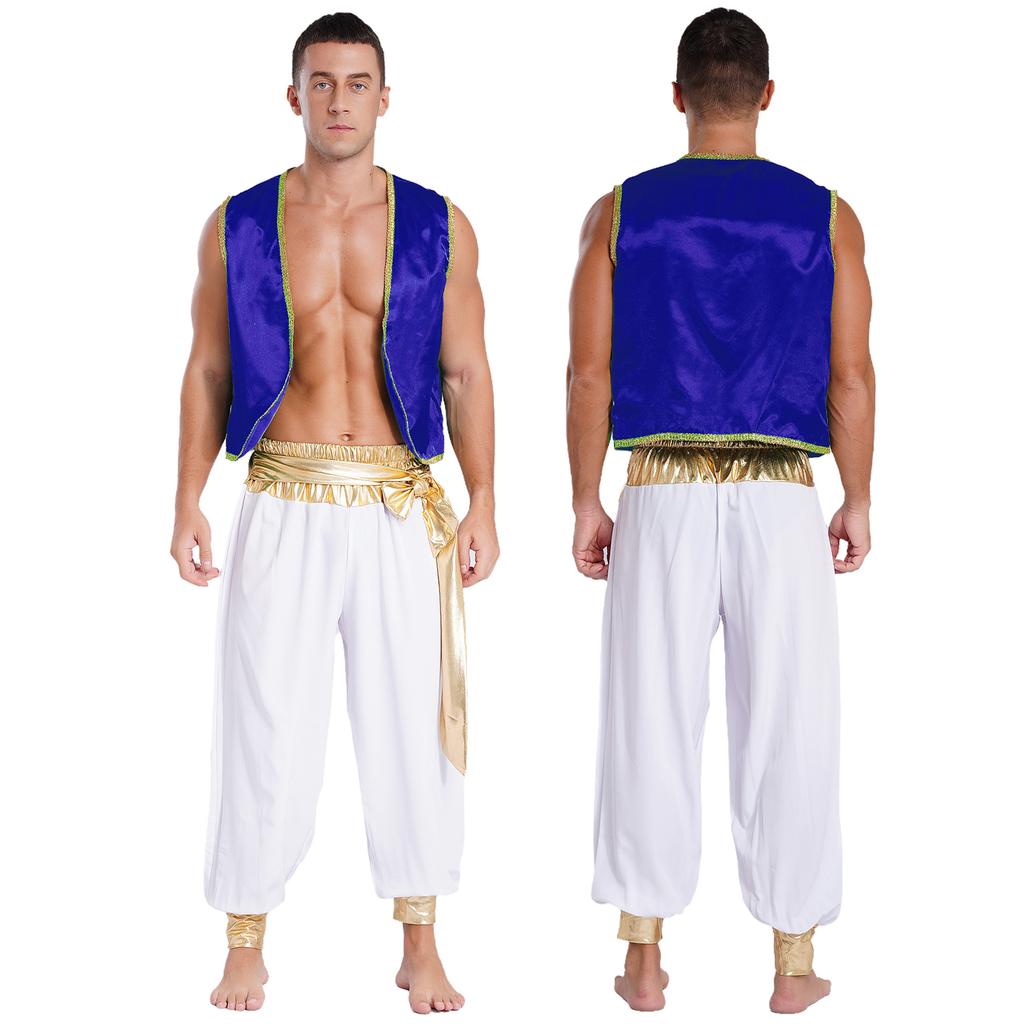 Men's Arabian Prince Cosplay Halloween Costume Sleeveless Vest with Long Pants Outfit