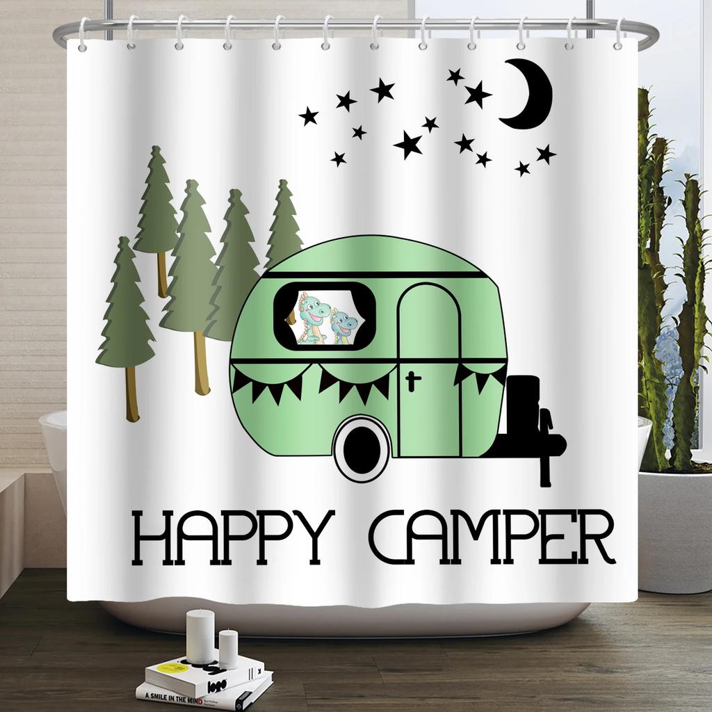 Camper Shower Curtain Happy Camper Trailer Car Rv Forest Mountain Tent Camping Bathroom Shower Curtain Waterproof Bath Curtain