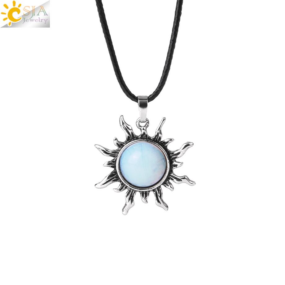 CSJA Vintage Sun Flower Pendant Natural Stone Crystal Necklace Genuine Round Amethysts Pink Quartz Obsidian Lapis Lazuli H120