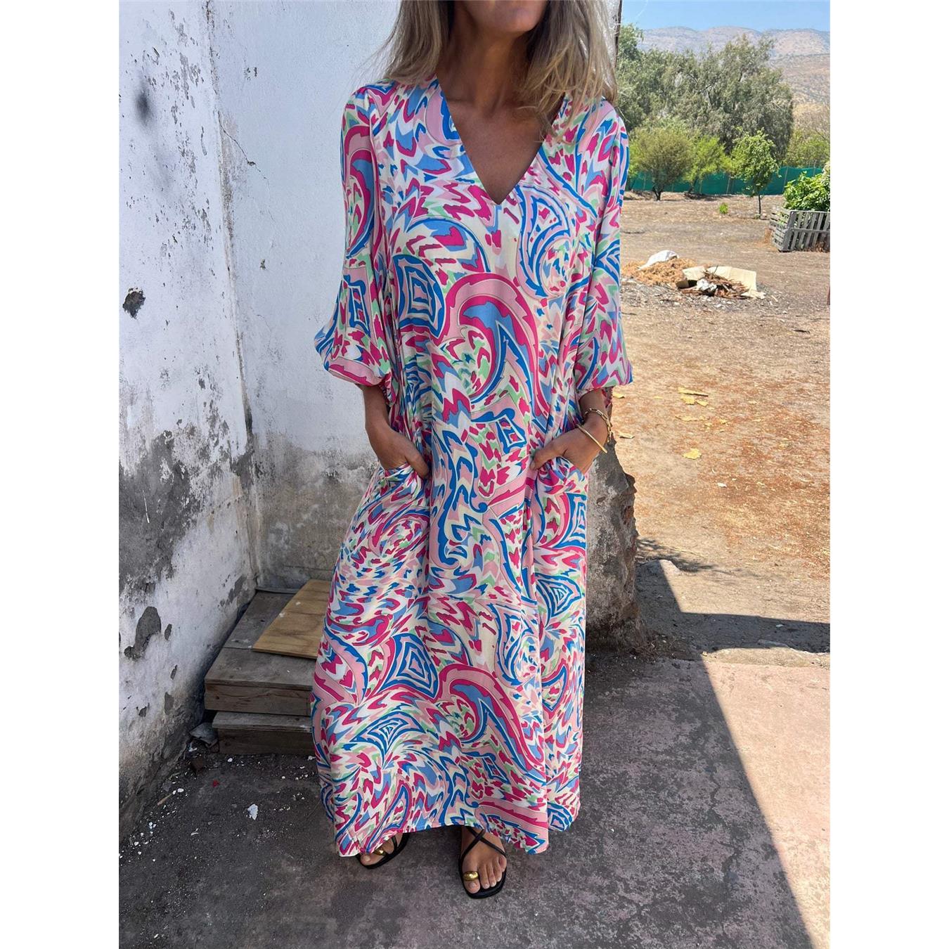

Women s Long-sleeved V-neck Casual Loose Long Printed Dress XXXL
