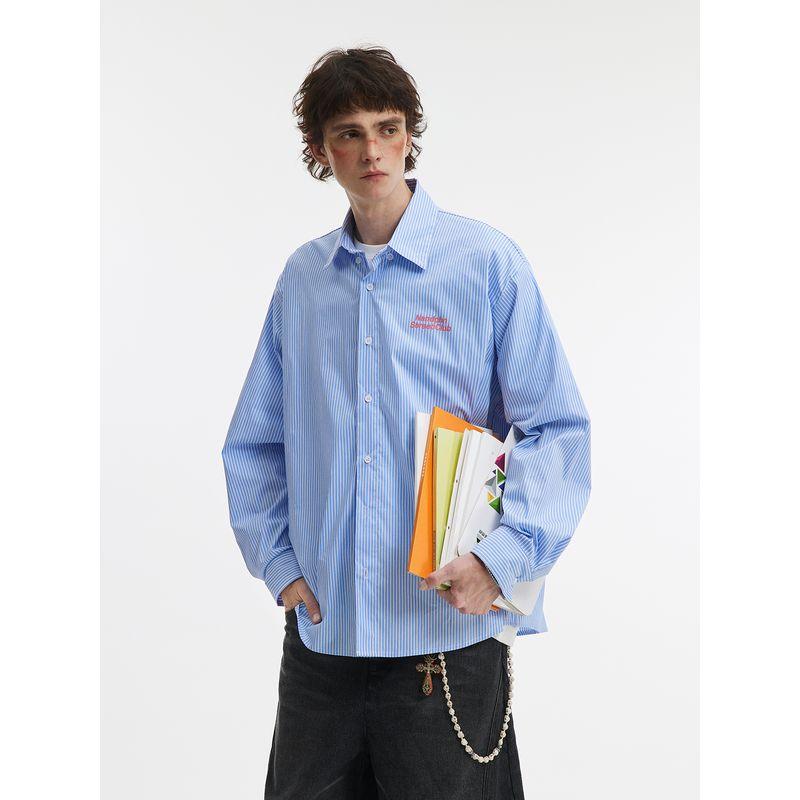 Men's American Retro Letter Print Striped Long-Sleeved Shirt for Men and Women, Blue Couple's Lazy Casual Sun Protection Shirt