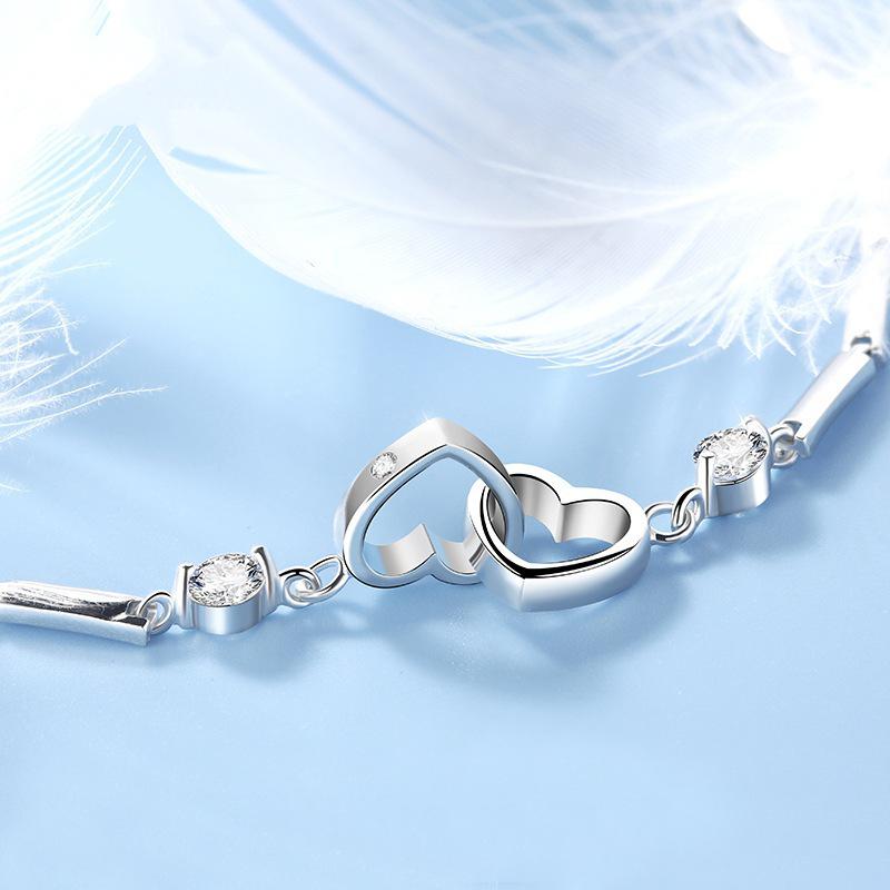Korean Style S925 Silver Double Heart Zircon Bracelet for Women