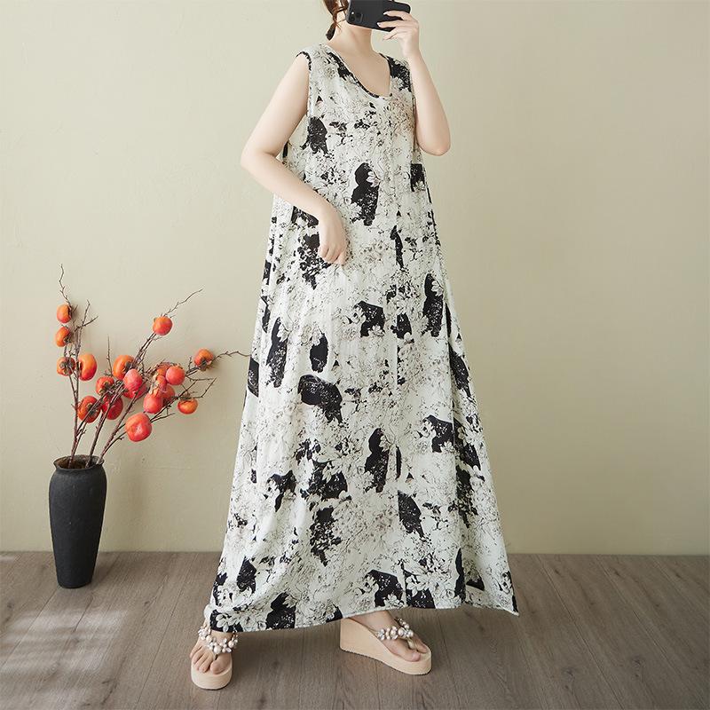 

2025 Summer Sleeveless V-neck Cotton Linen Nightgown, Korean Style, Loose Fit, Long Home Dress Plus Size Free Size