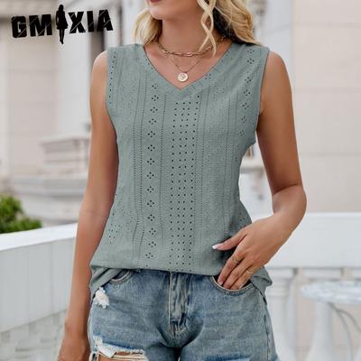 Moda damska Casual Lato Jednokolorowe nadruki, dziury i wydrążona luźna kamizelka bez rękawów, z dekoltem w kształcie litery V