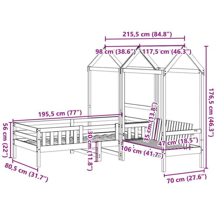 VidaXL Ensemble de lit et de banc avec toit 75x190 cm bois massif pin, meuble de chambre à coucher, sommier, cadre de lit en 3282184