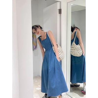 Vestido Vaquero Azul Niebla Amor para Mujer Verano Diseño de Nicho Sentido de la Cintura Temperamento Tirantes Vestido Largo