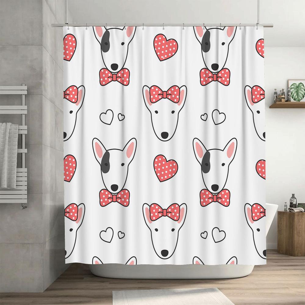 Pink Bow Tie Pattern Shower Curtain Cute Dogs Print Bathroom Decor White Fabric Waterproof Shower Curtains Set (Size180X245Cm)