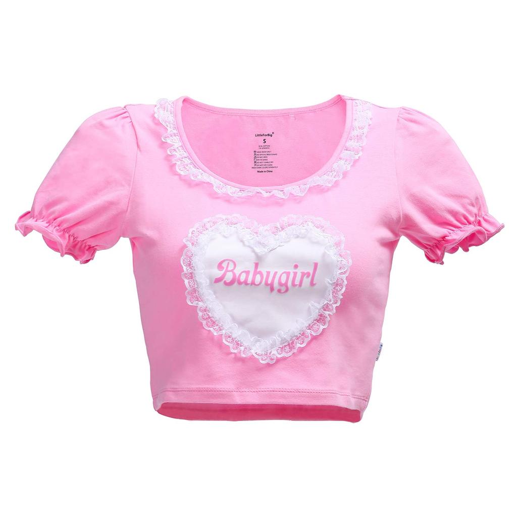 Crop Top Carino LittleForBig con Maniche a Sbuffo e Collo Rotondo in Pizzo (Ragazze) Rosa, Taglia 4XL