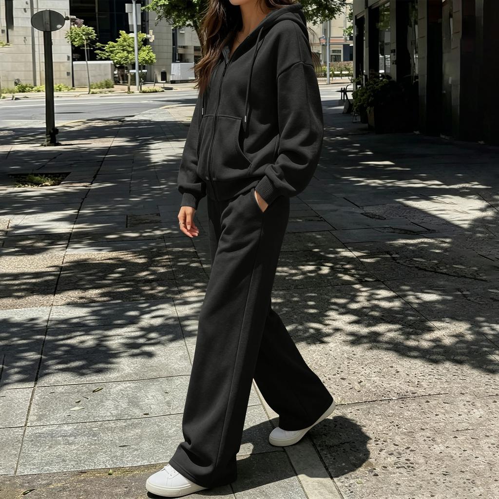 Completo Due Pezzi da Donna con Felpa e Pantaloni a Gamba Larga Tuta Casual
