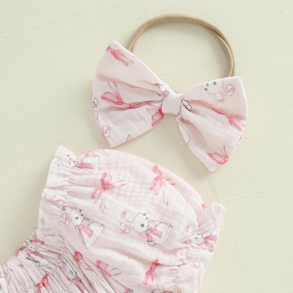 Baby Mädchen Ostern Strampler Kleid Hase Gedruckt Kurze Puffärmel Gesmokter Jumpsuit mit Schleifen-Stirnband
