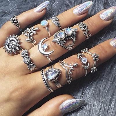 14 Piezas/Set Boho Apilable Flor Luna Sol Anillo Nudillo Anillos Midi para Dedo