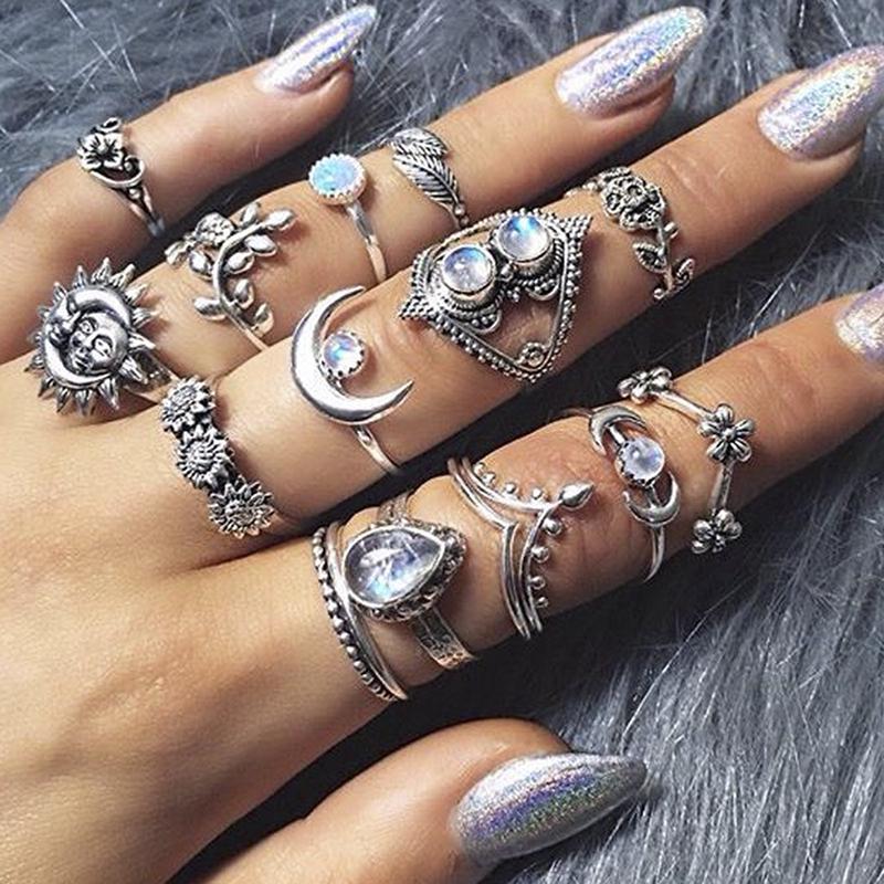 14ks/sada Boho Stack Flower Moon Sun Knuckle Ring Midi Finger Ring