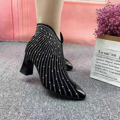 Pointed Toe Rhinestone Woman Short Shoes Autumn Winter Heeled Black Ankle Boots for Women Trend 2025 New In Booties On Promotion
