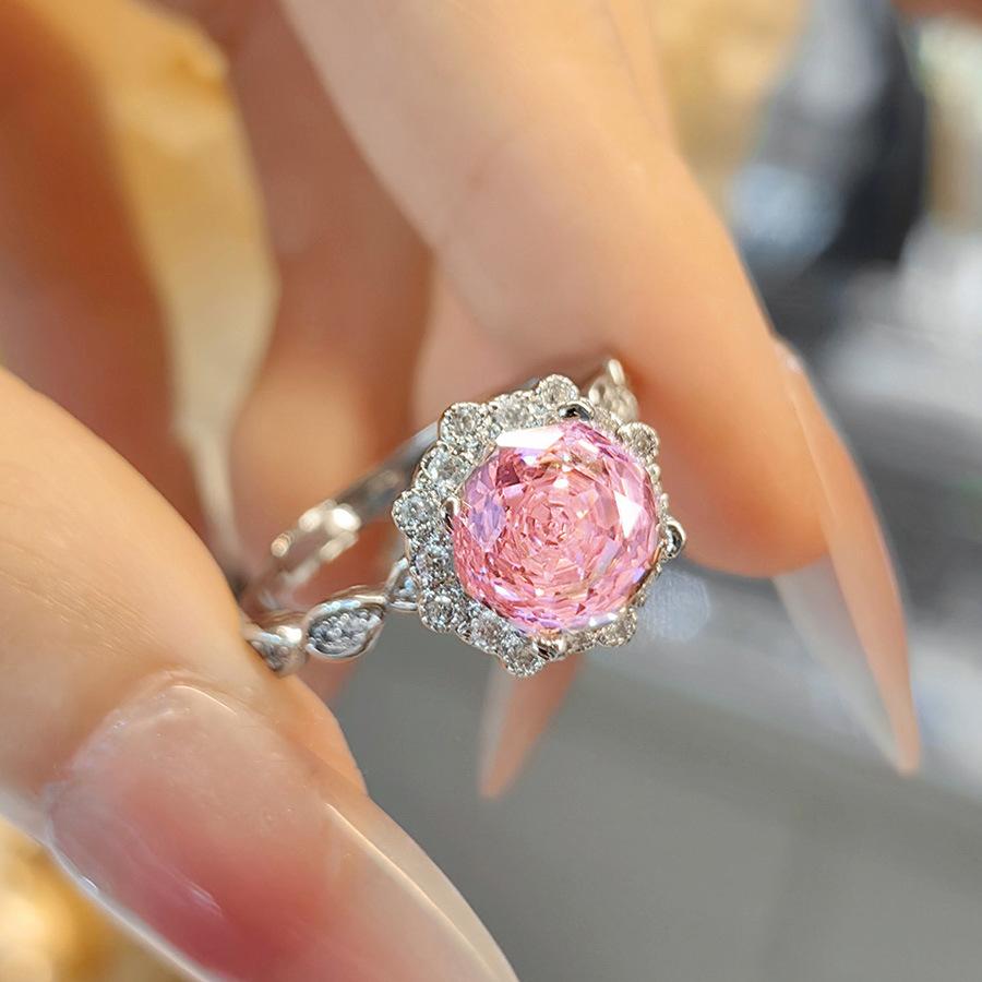 Fashion Light Luxury Star Anise Rose Pink Diamond Ring Niche Design Sense Simple High Carbon Diamond Yellow Zircon Women'S Ring