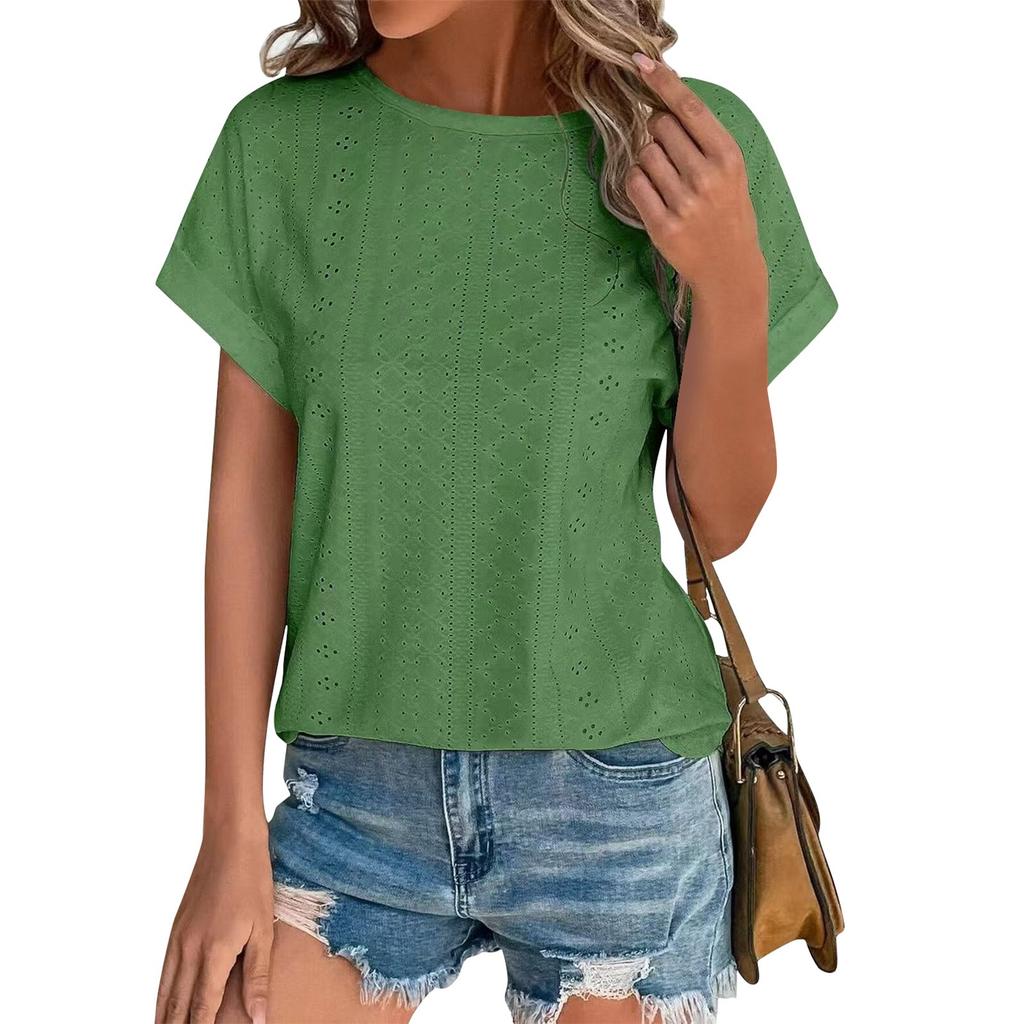 Women's Fashion Solid Color Round Neck Loose Short Sleeved Pullover T-shirt Top