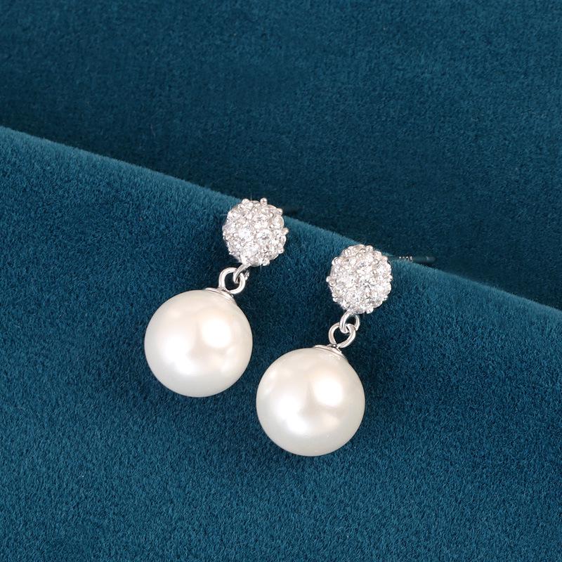 S925 Sterling Silver French Luxury Pearl Earrings: Elegant Rhinestone-Inlaid Shell Pearl Studs for Women
