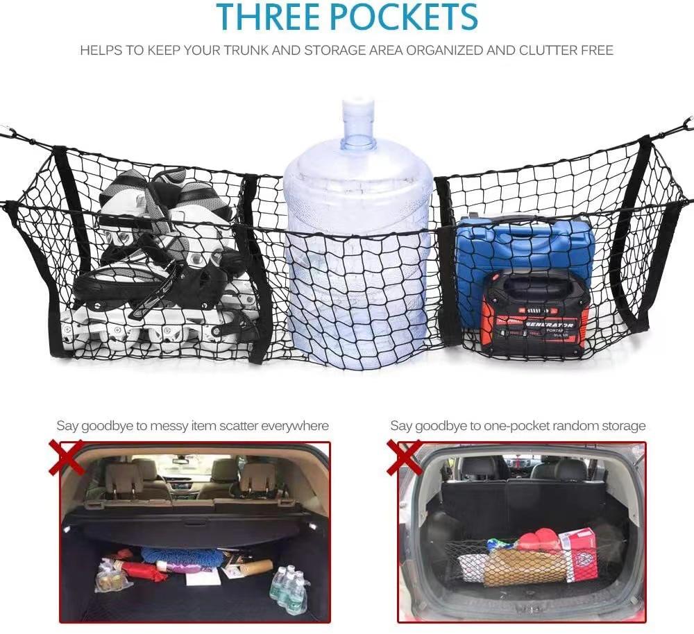 Cargo Net For Car, Expandable 3 Pocket Cargo Net Organizer, Black Mesh Storage Pocket With 4 Metal Carabiners Universal For Car