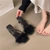 French High Heels Fluffy Slippers Women's Shoes Wear 2025 New Spring and Summer Fairy Wind Black Cool Slippers
