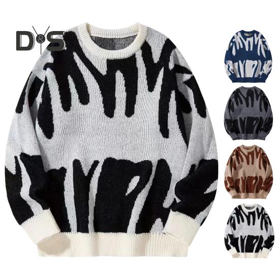 Suéter feminino gola redonda manga comprida contraste cor tricô tops solto ajuste estampado elástico malhas uso diário