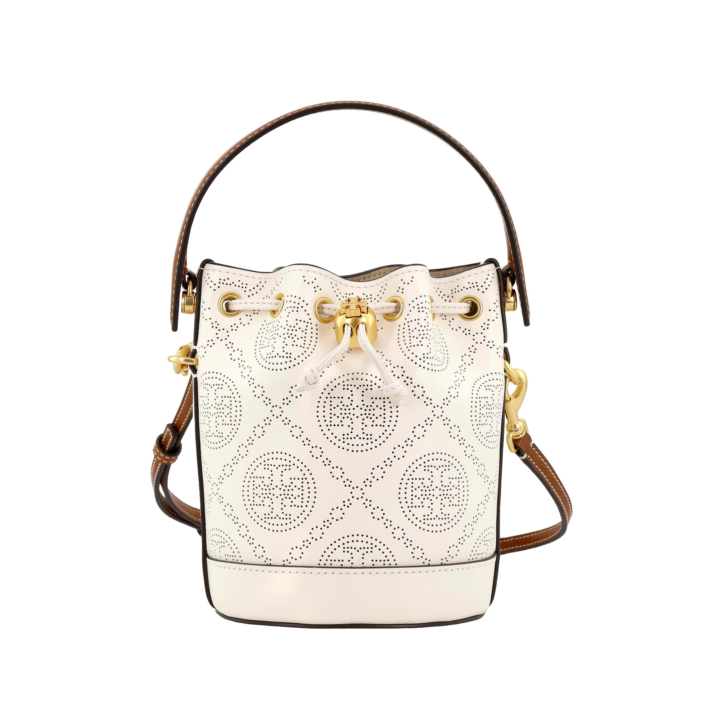

Tory Burch T Monogram Series Metal Double T Logo All Over Print Drawstring Closure Leather Bucket Bag Mini Women Bags Ivory 84864-104 Basic Set (Bag+Dust Bag)