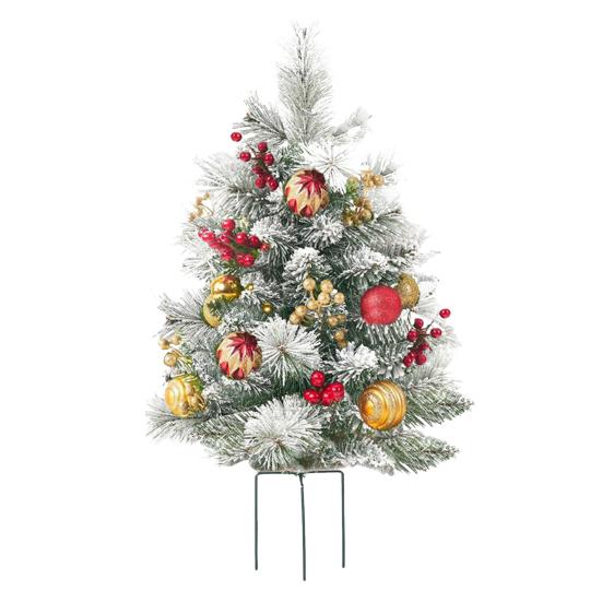 23 Inch Lighted Artificial Christmas Urn Filler Pre-lit Xmas Pine Tree with Cones Red Berries Tripod Stake And LED Light Outdoor Porch Planter Filler