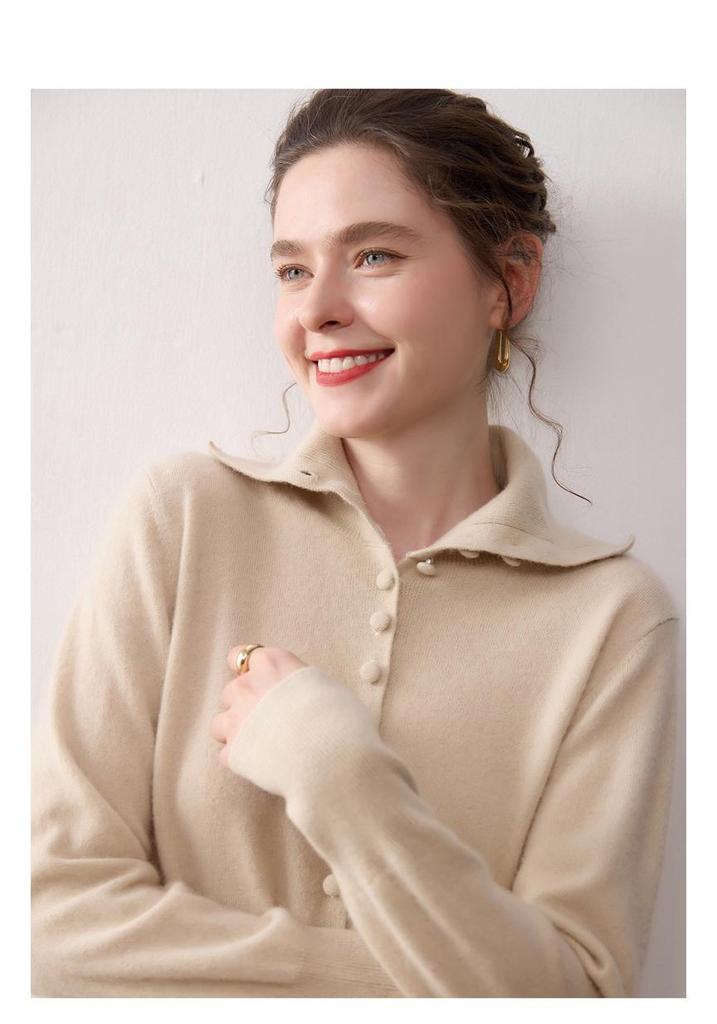 Women's Soft Solid Color Cashmere Knit Cardigan with POLO Collar