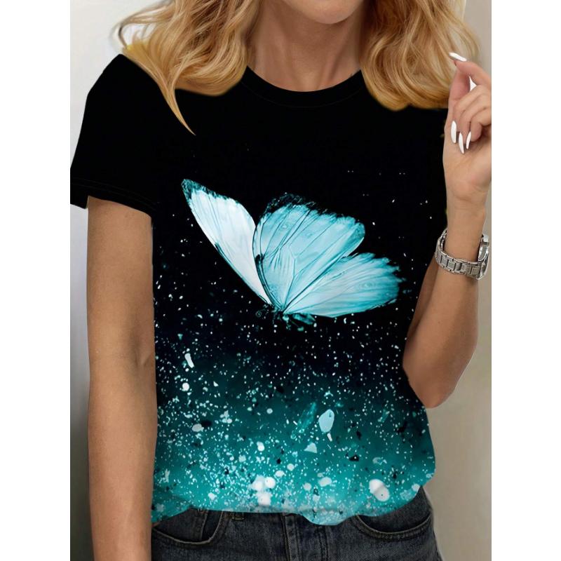 3D Floral & Butterfly Print Casual Round Neck Short Sleeve T-Shirt For Women, Summer