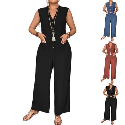 Women's Plus Size Solid Color Summer Casual Fashion Sleeveless Loose And Comfortable Wide Leg Jumpsuit
