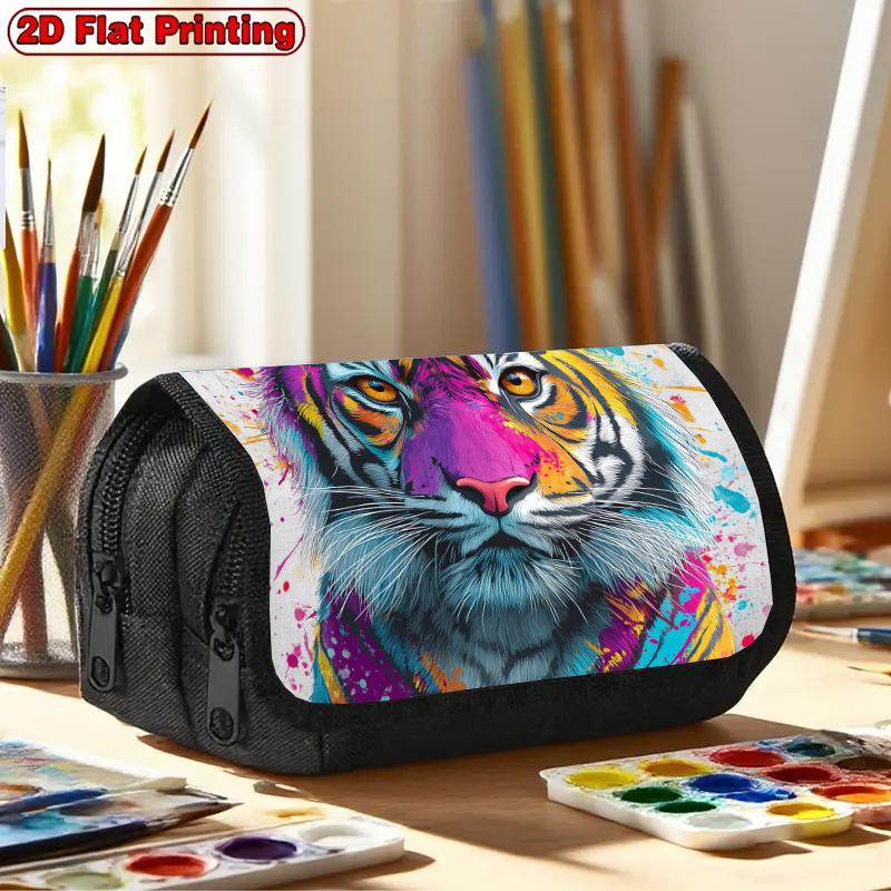 1pc Vigorous Tiger Design Double Layer Flip Pencil Case-Large Capacity Zipper Closure, Suitable for Schools, Offices and Travel, Ideal Birthday/holida