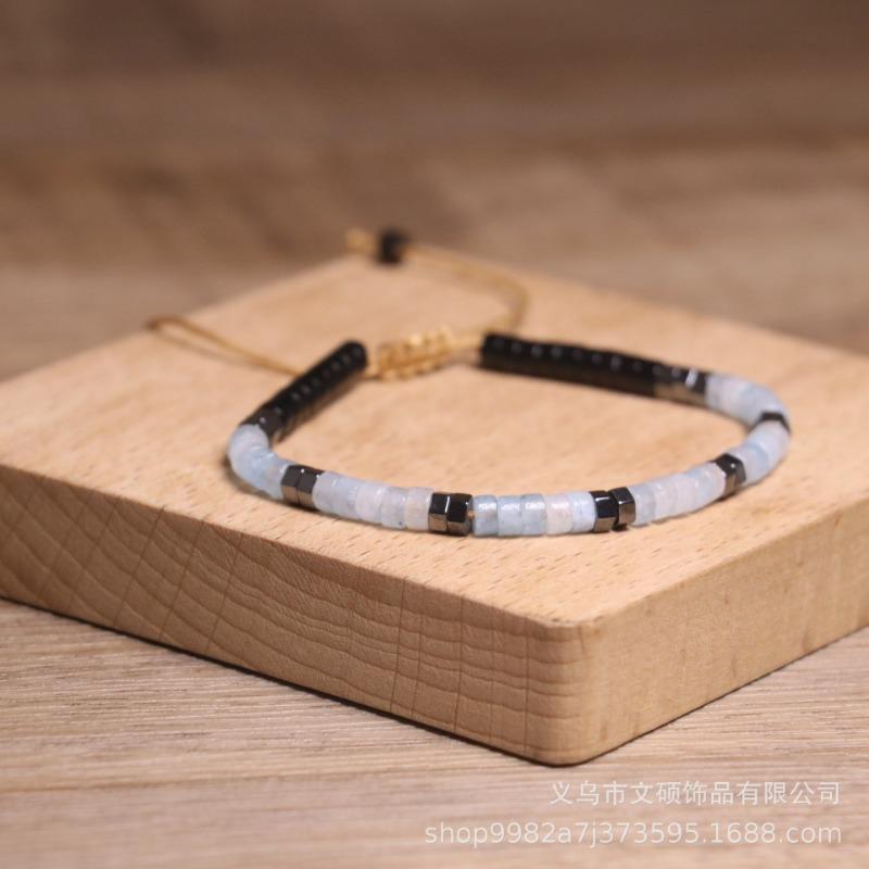 Aquamarine Hematite Square Bead Bracelet – Silver Accent Adjustable Boho Jewelry, Calm Clarity Gift for Men & Women