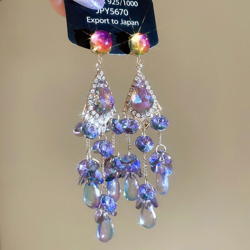 Silver Needle Super Flash Diamond-set Crystal Fringed Earrings Retro Court Style Stud Earrings Heavy Industry Earrings Design Sense Niche Wholesale