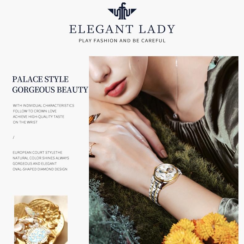 OUPINKE Rezistent la apă Moon Phase Tourbillon Ceas mecanic automat Ceas de damă Ceas de damă