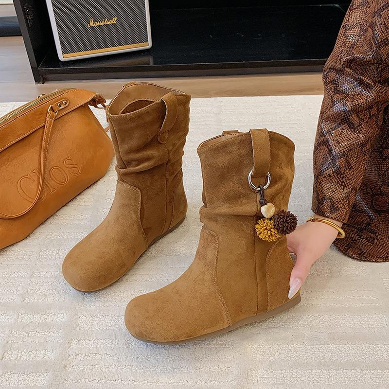 Retro Flat-bottomed Suede Stacking Boots Autumn New Soft-soled Non-slip Short Boots Maillard Western Cowboy Boots