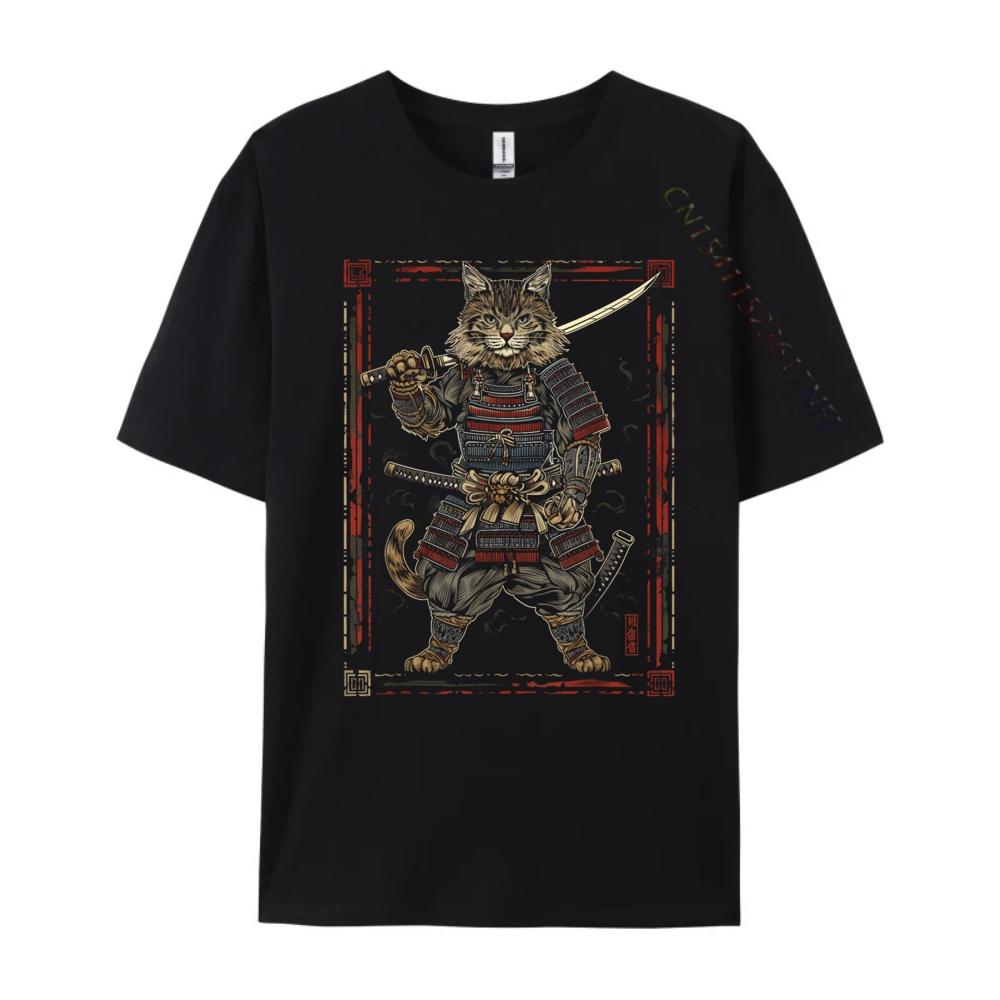 Cat Samurai Ninja Cat Samurai Art Ukiyo E Hiphop Streetwear Camiseta Masculina Korean Brand T Shirt Cotton Comfort Tshirt Crazy