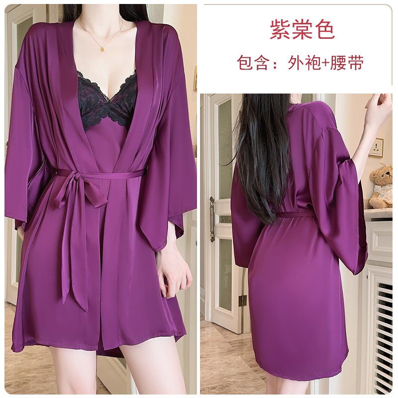Women's Plus Size Satin Lace Trim Padded Sleep Dress with Robe Lounge Set