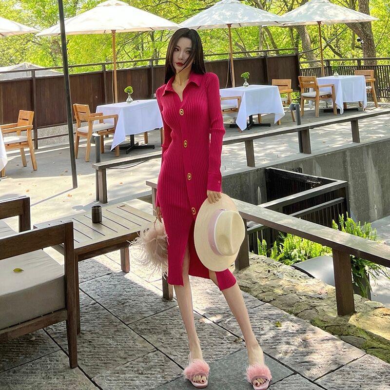 

Sexy rose red white knitted dress autumn long sleeves stunning chic slim slim slim knee dress XL розы красного