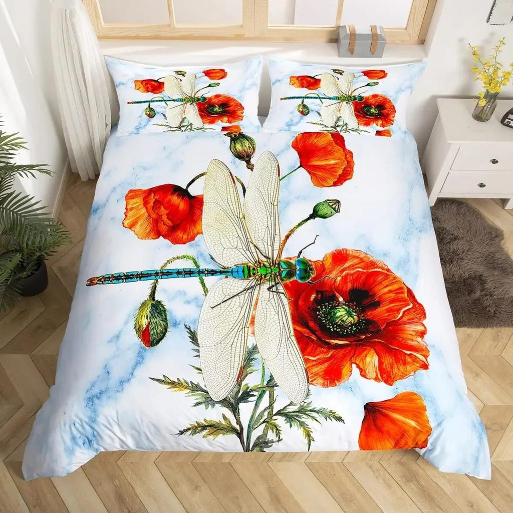 Boho Dragonfly King Queen Duvet Cover Cute Flower Love Heart Bedding Set Watercolor Floral Rustic Style Polyester Quilt Cover