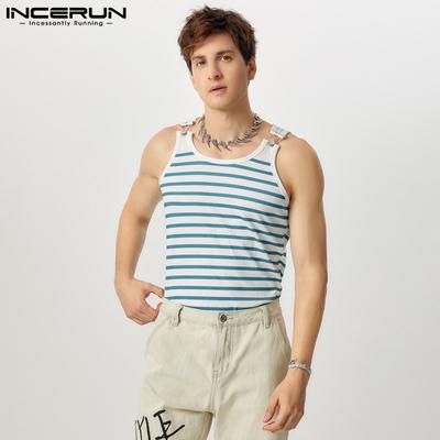 Men Summer Sleeveless Tank Tops Striped Print Racerback Vest