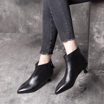 Women's Boots Autumn and Winter New Low-heeled Small Bare Boots Thin Heel First Layer Cowhide Rear Zipper Pointed Short Boots Leather Boots