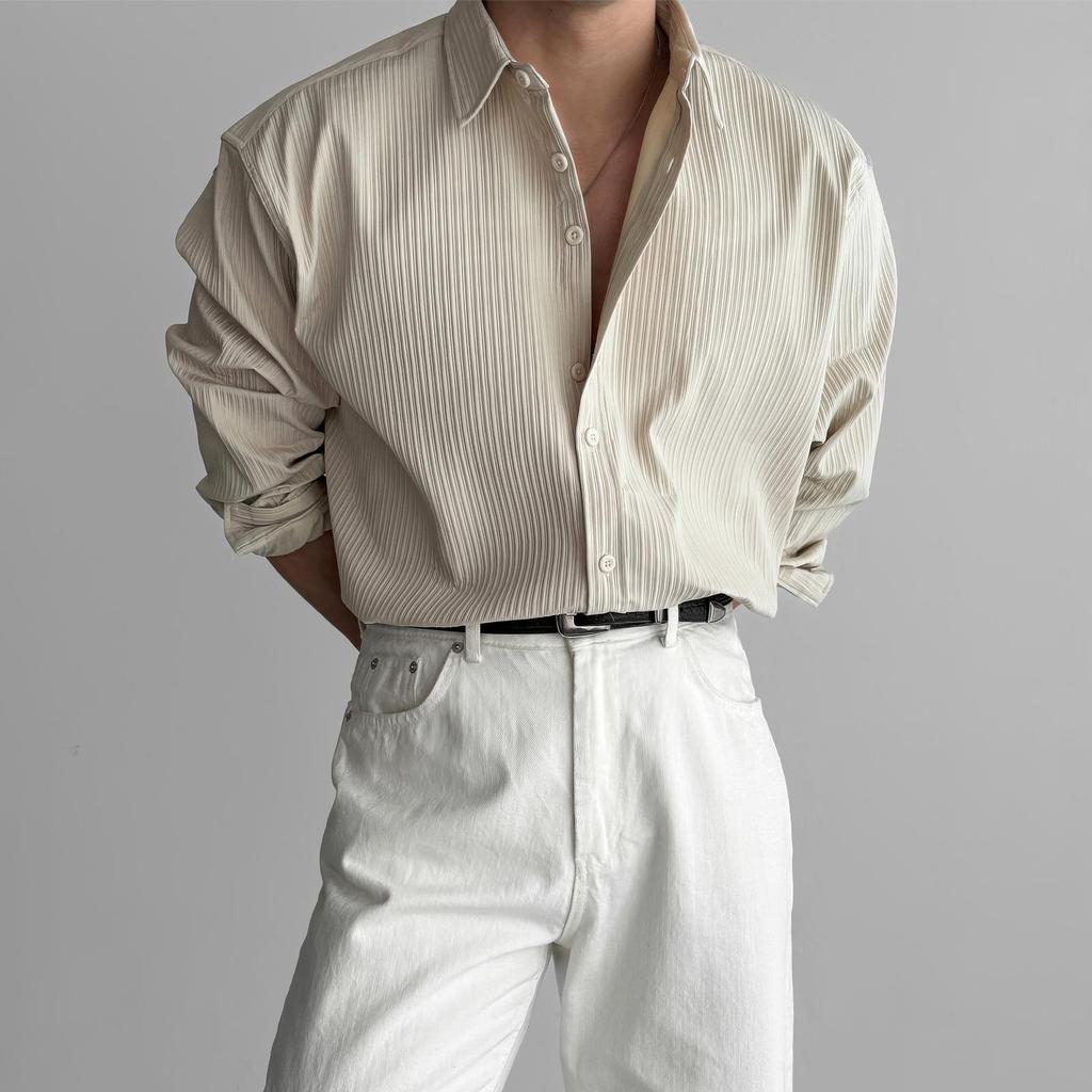 Men's Black Vertical Stripe Long Sleeve Shirt - High-End Casual Business Style, Iron-Free, Button-Down.