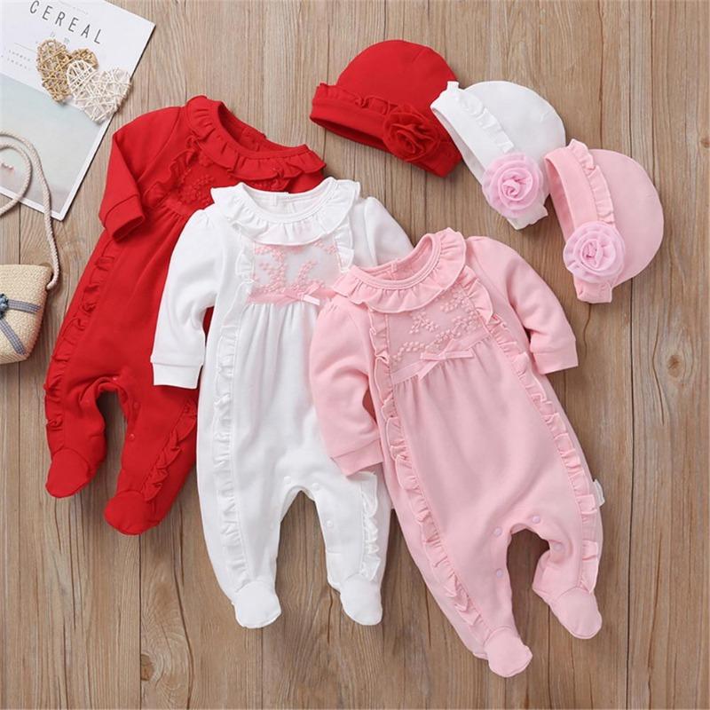 0-8 Måneder Baby Girl Klær Sett Nyfødt Baby Girl Bomullsantrekk Broderi Volanger Foot Wrap Romper+3D Flower Hat 2stk