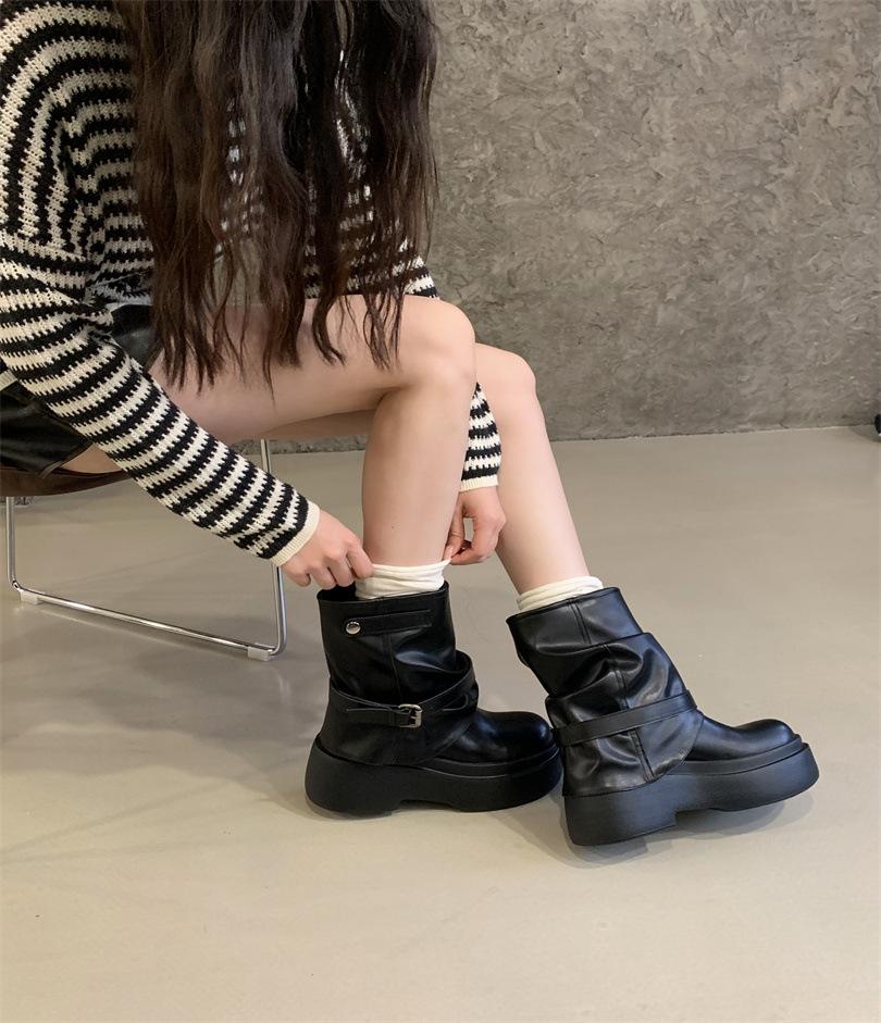 

Женские ботинки западного рыцаря на толстой подошве с увеличением высоты, новые осенние 2025 года, универсальные ботинки-трубы для брюк, ретро ботильоны с пряжкой на ремне 39 чёрный