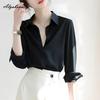 Spring Autumn Women Basic Solid Blouse Turn-Down Collar Formal Black White Simple Shirt Office Lady Elegant Feminine Blouse