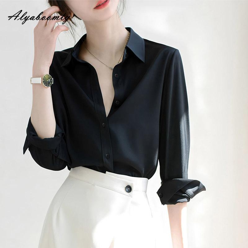 Spring Autumn Women Basic Solid Blouse Turn-Down Collar Formal Black White Simple Shirt Office Lady Elegant Feminine Blouse