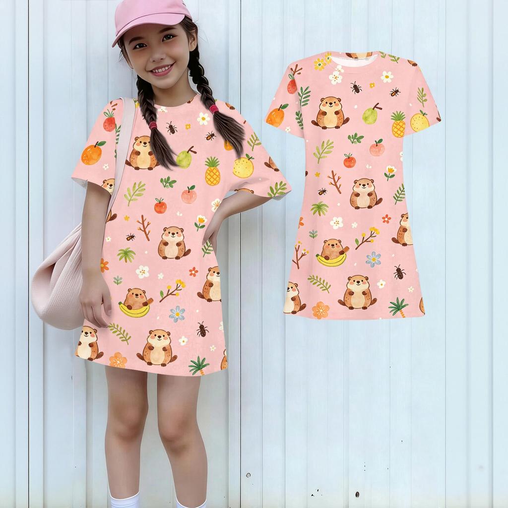 Girls Loose Fit Short Sleeve Dress Kids Round Neck Lightweight Summer Dress with Animal Print Pattern Casual Daily Wear
