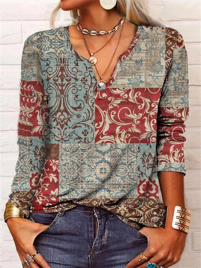 Women s V Neck Long Sleeve Tunic Top Loose Fit Commuter Floral Patchwork Printed Blouse S